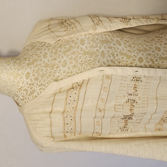 Style & Co Top Button Down Cream Beaded Long Roll Tab Sleeve Embroidered SZ M - Picture 7 of 12